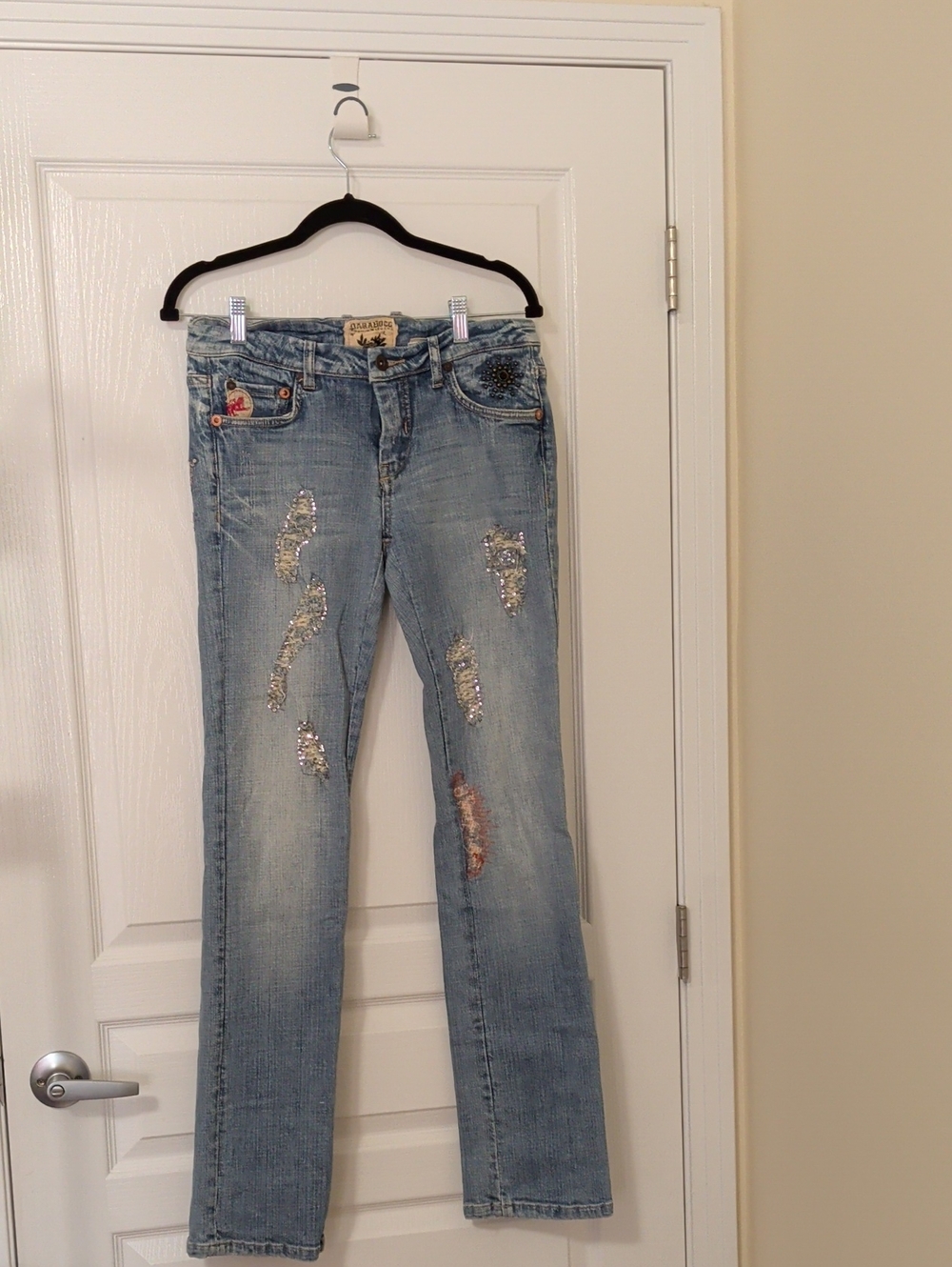Parasuco Light Blue Straight Leg Jeans with Bedazzled Rock Me Baby And Patches